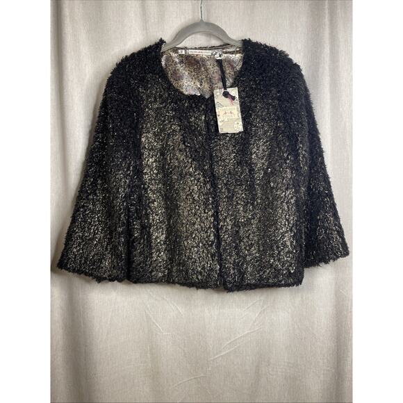 Chelsea & Violet - Black & Gold -Playing With Fire Fuzzy Sweater Bolero Jacket L